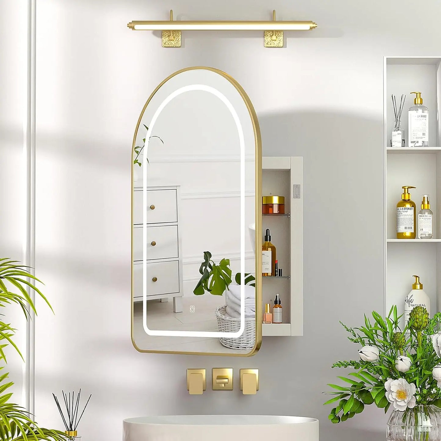 Recessed Medicine Cabinet with Lights,Brushed Gold Arched Medicine Cabinet with Mirror for Bathroom,3-Color Lighted, Customized