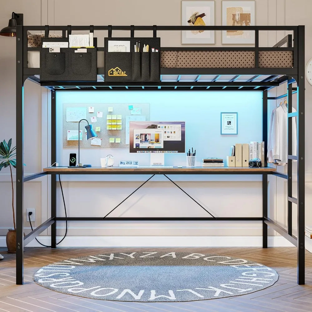 Full Size Loft Bed with Desk, LED Lights & Charging Station - Space Saving Black Metal Frame for Teens/Adults