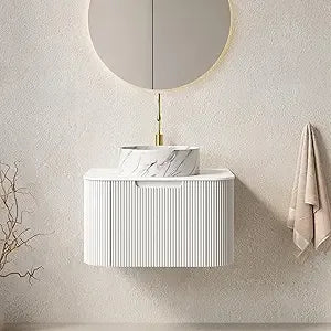 24 Inch Solid Wood Texture Floating Bathroom Vanity with Sink, Modern Wall-Mounted Striped Bathroom Storage Cabinet with White C