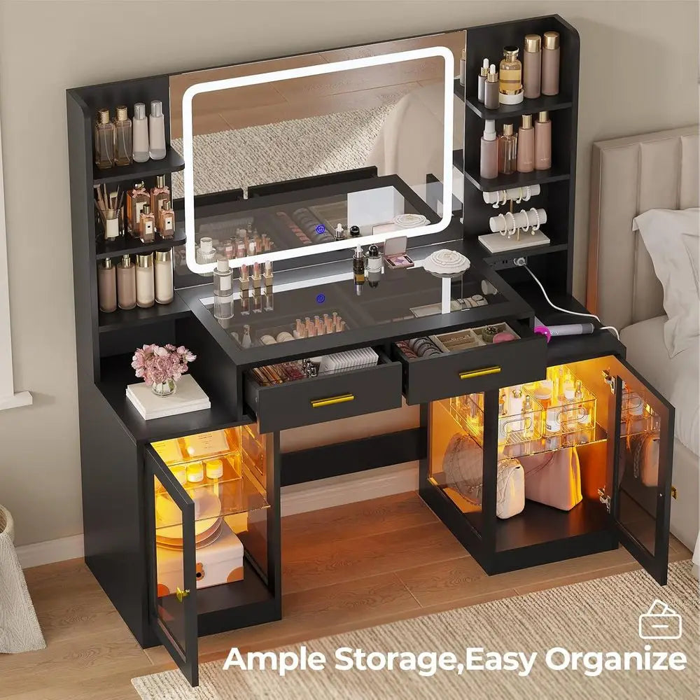 Makeup Vanity Set with Illuminated Mirror, RGB Cabinet, Glass Drawers, and Power Outlet for Teens and Women in Black