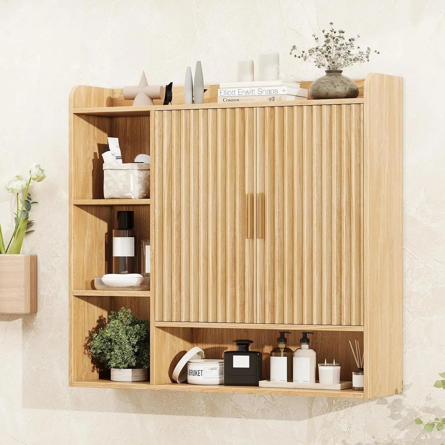 Fluted Bathroom Wall Cabinet, Wooden Medicine Cabinet Organizer with 2 Doors and Adjustable Shelf, Over The Toilet, Customized