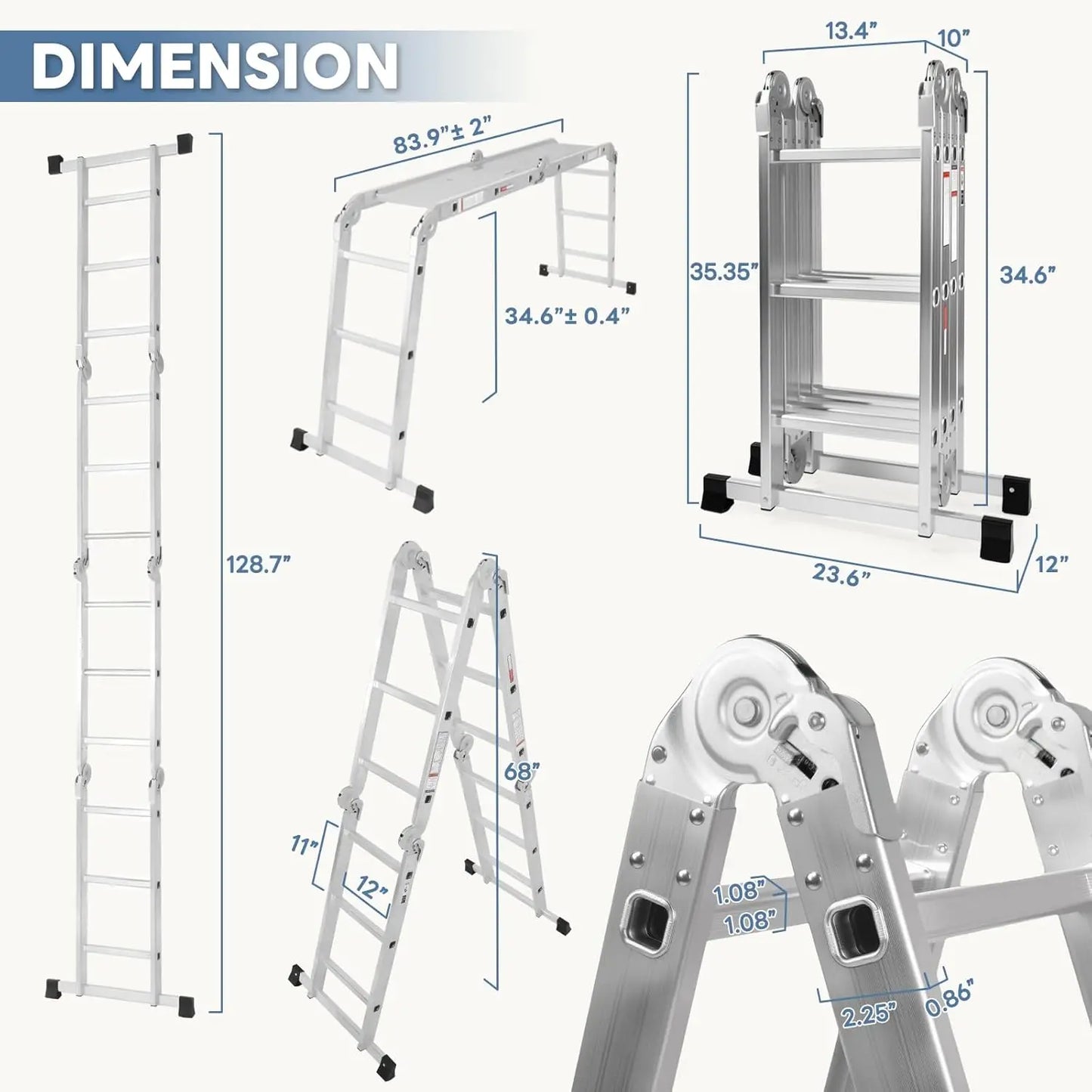 Multi-Purpose Folding Ladder,7 in 1 Aluminium Heavy Duty Collapsible Tall Extension Adjustable Step Ladder for Home Roof RV Work