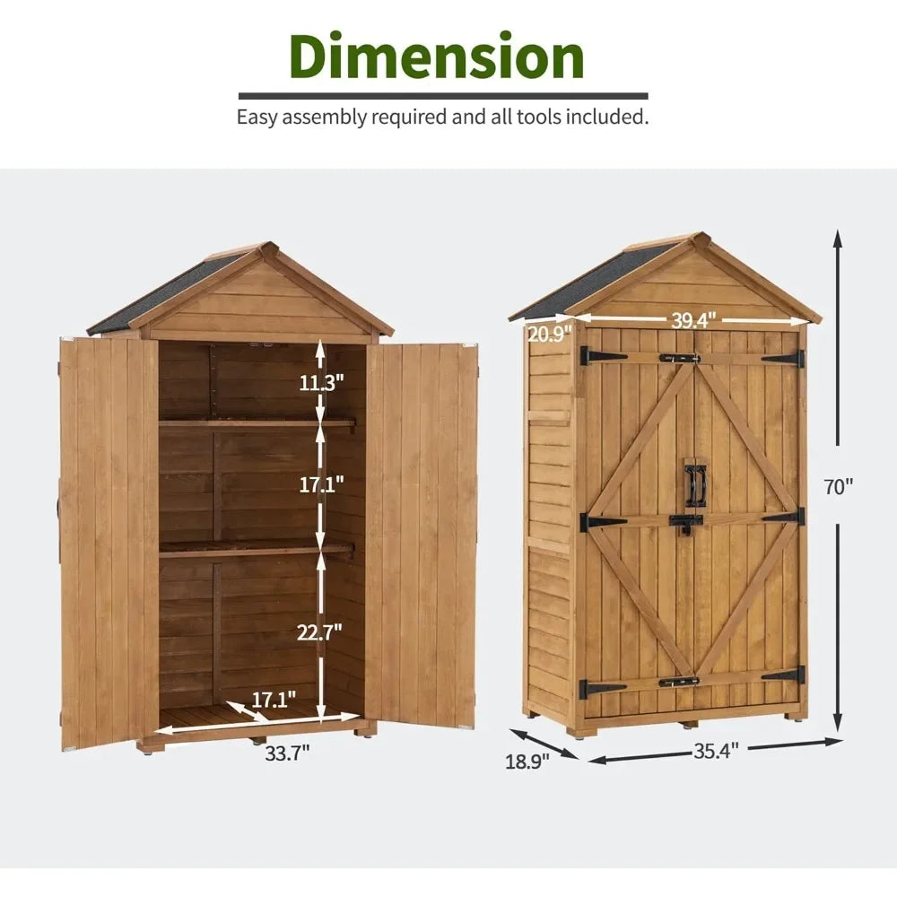 Outdoor Storage Cabinet with 2 Shelves, Outside Storage Shed with Floor, Wooden Garden Tool Shed with Latch for Yard Deck Lawn
