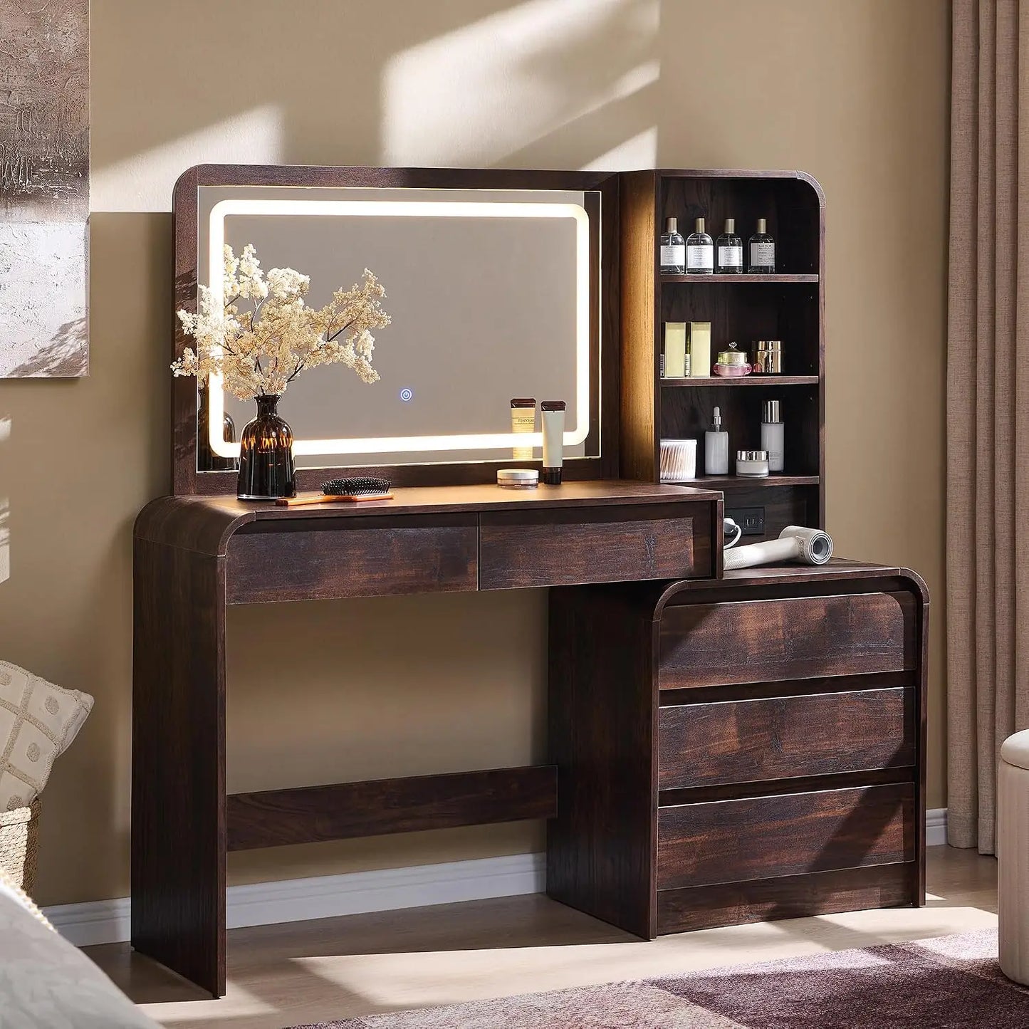 Vanity Desk, Light Mirror & 5 Drawers, Modern Bedroom Makeup Table, Custom