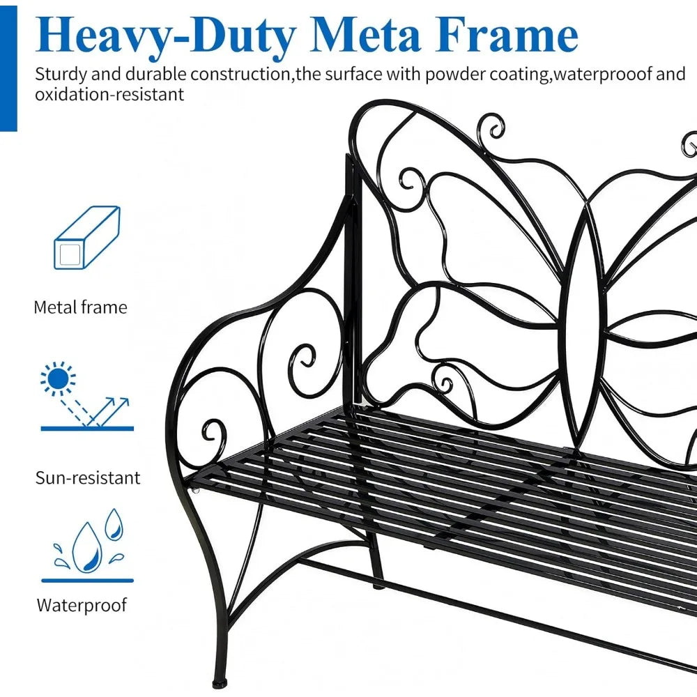 Outdoor Bench Weatherproof, Metal Antique Garden Bench Indoor/Outdoor, Double Seat with Decorative Butterfly Cast Iron Backrest