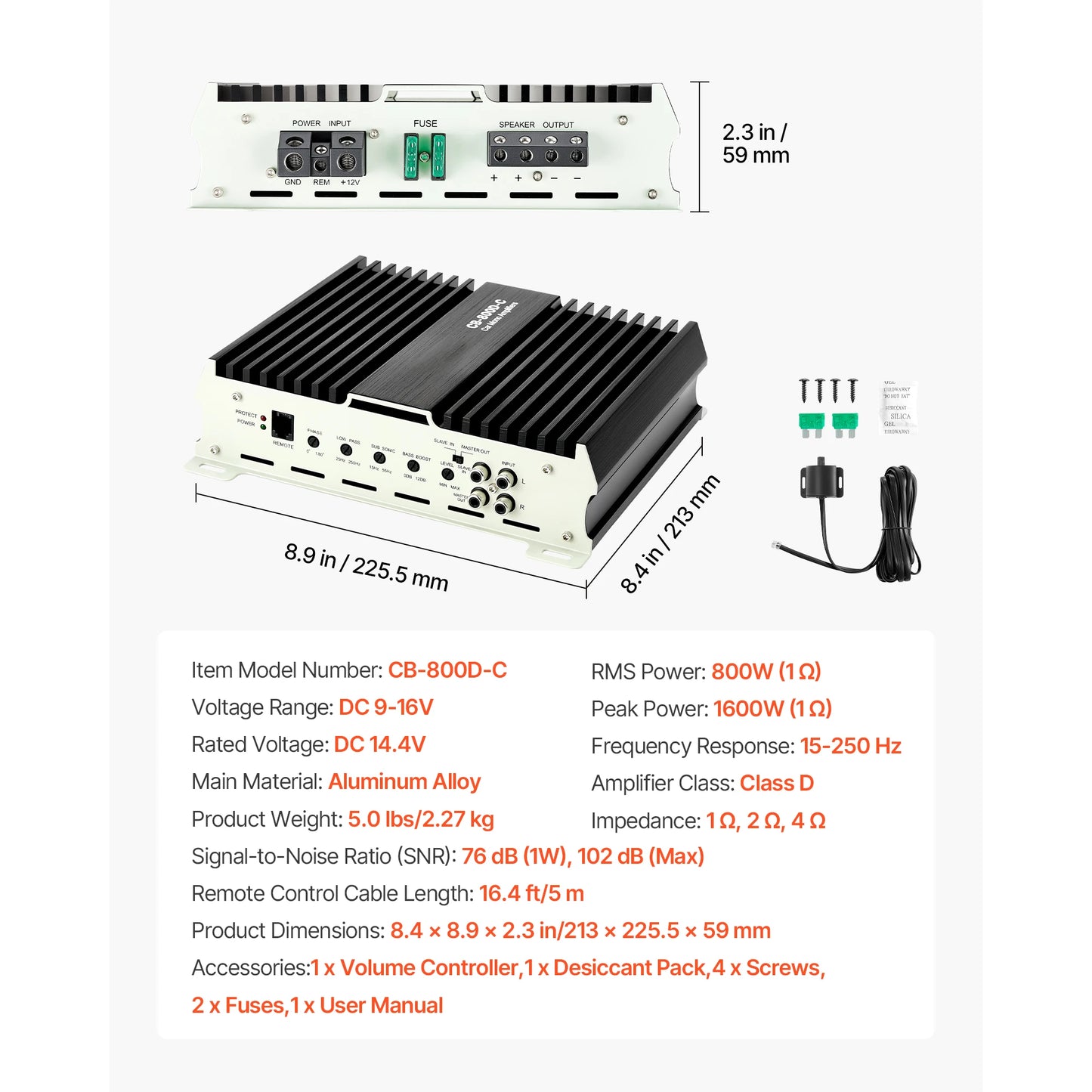 SucceBuy Monoblock Car Amplifier Stable 1Channel Class D Car Audio Amplifier with Remote Subwoofer Level Control Low Pass Filter