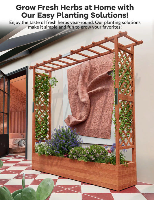 Elevated Wooden Raised Garden Bed with Trellis/Canopy/Drainage Hole Freestanding Planter Box for Climbing Plants Vines Blossoms