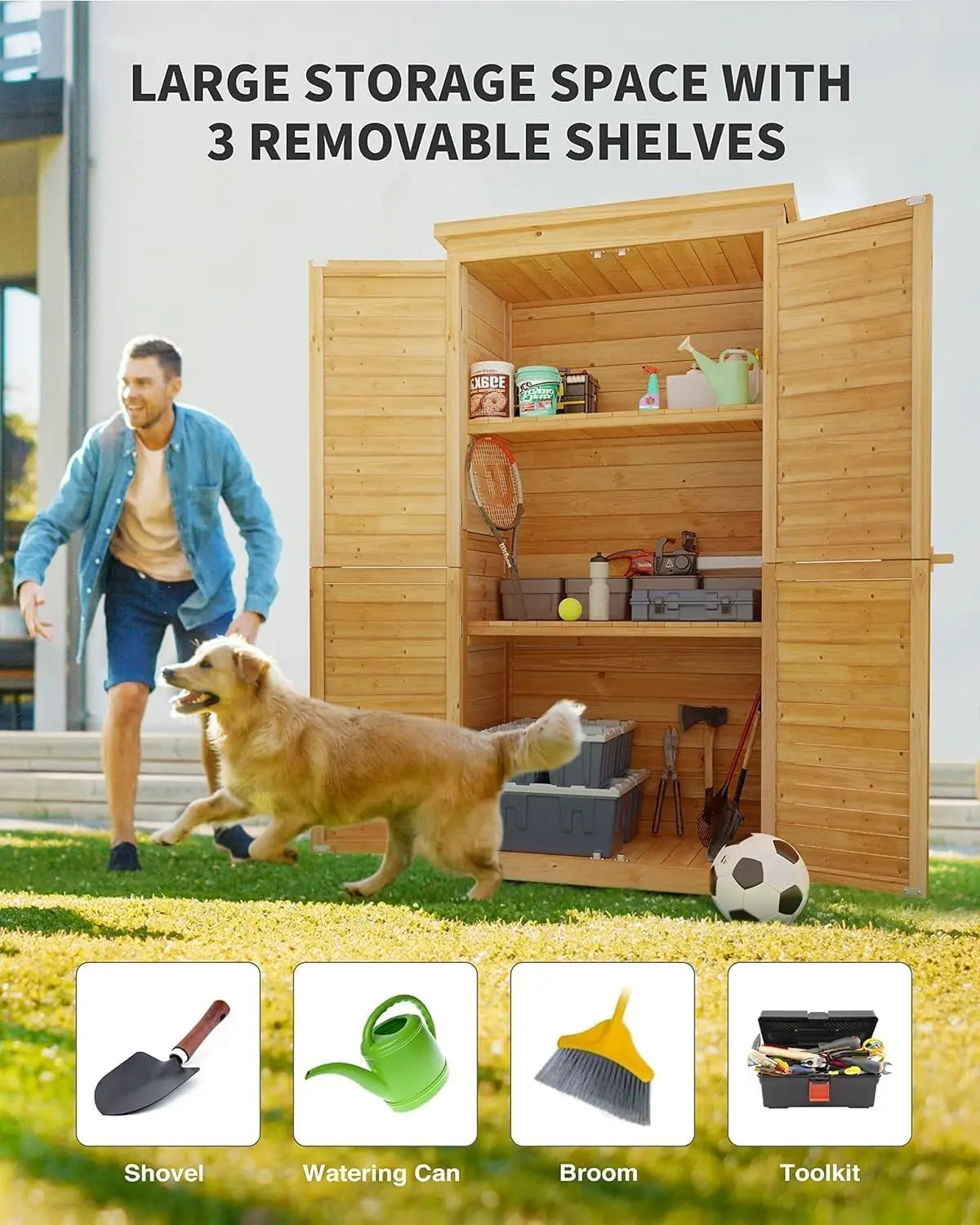 Outdoor Tall Wooden Storage Cabinet with 3 Shelves & Double Lock & Waterproof Roof for Yard Patio Lawn, Custom