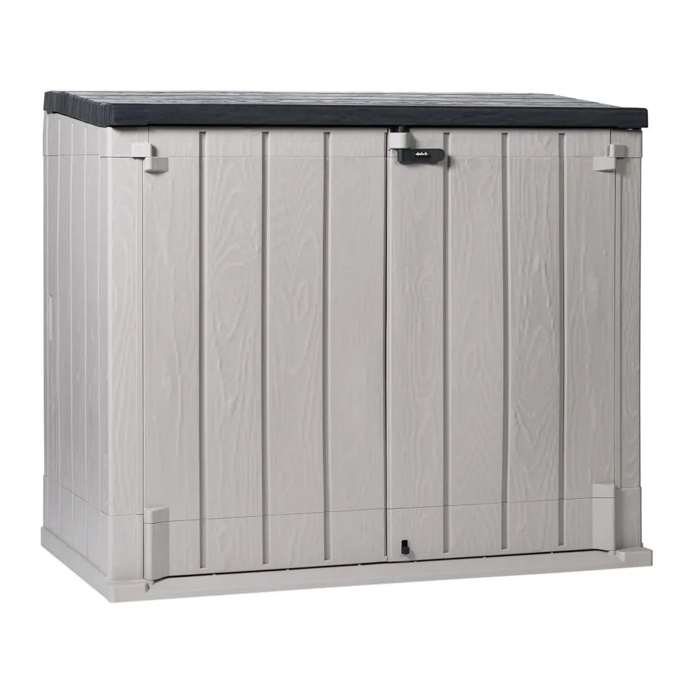 All Weather Outdoor XL Horizontal Storage Shed Cabinet for Trash Can, Garden Tools, and Yard Equipment, Taupe, Custom