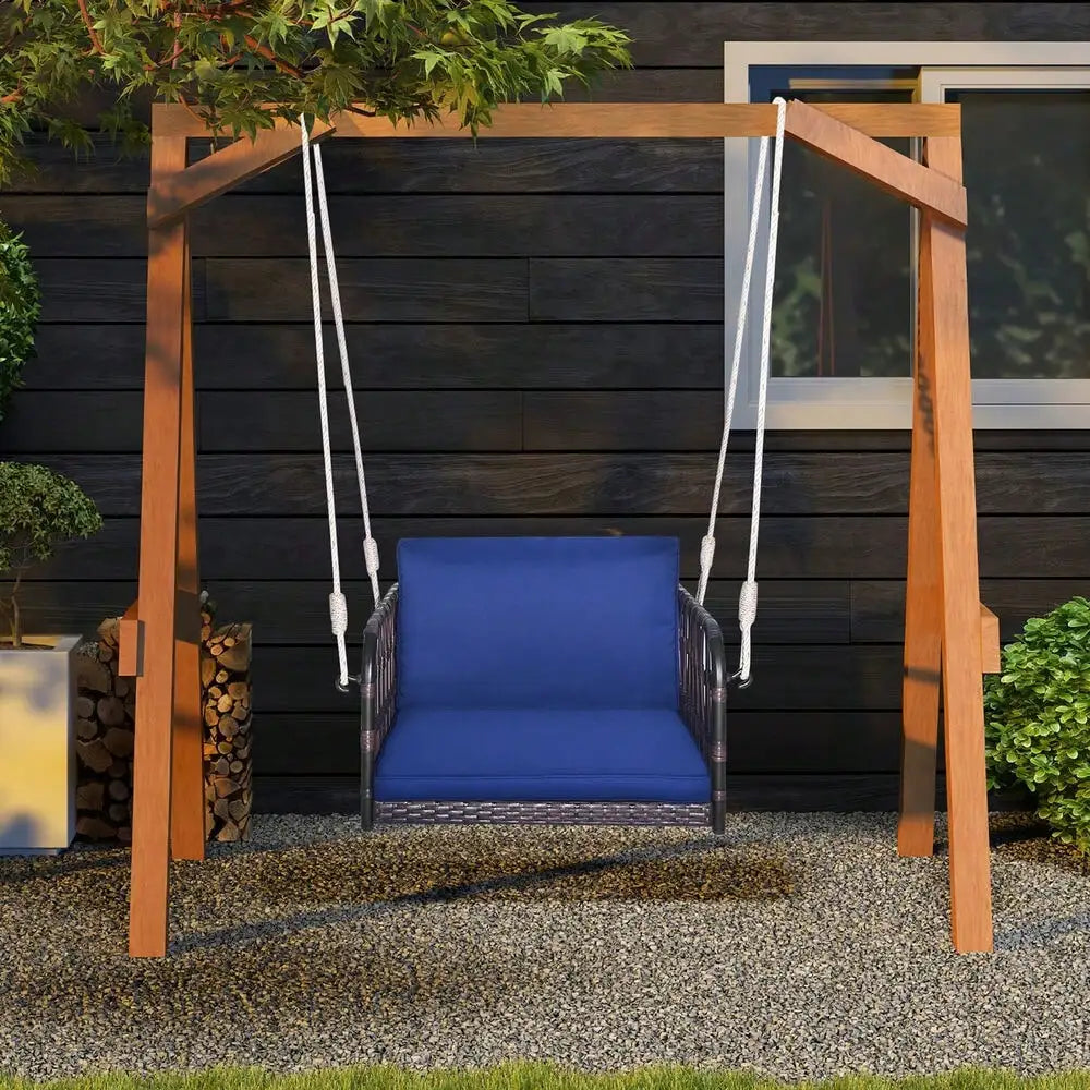 Patio Rattan Porch Swing Single Person Hanging Seat w/Seat & Back Cushions