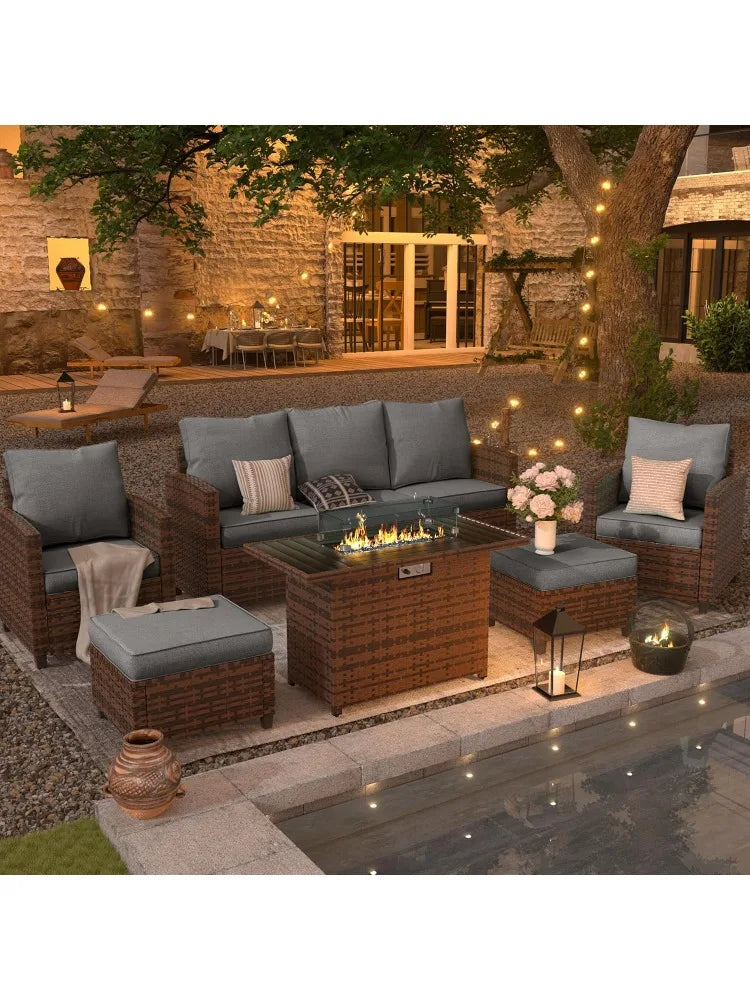 Outdoor Patio Furniture Set with 44" Fire Pit Table, 6 Pieces Sectional Conversation Sets, All-Weather Wicker Rattan Sof