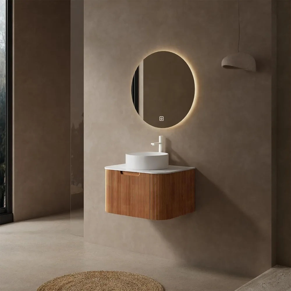 24 Inch Solid Wood Texture Floating Bathroom Vanity with Sink, Modern Wall-Mounted Striped Bathroom Storage Cabinet with White C
