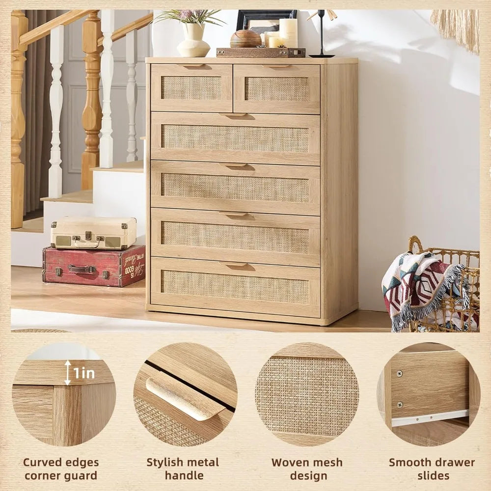 Rattan Dresser for Bedroom, 41" Tall Chest of Drawers, Modern 6 Drawers Boho Dressers with Storage, Light Oak Dresser,Customized