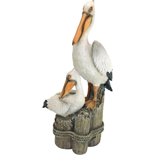 Coastal Decor Ocean's Perch Pelicans Garden Bird Statue, 9 Inch Wide, 24 Inch Tall, Cast Stone Resin, Full Color