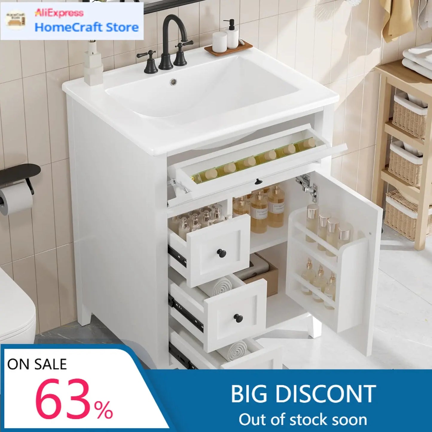 24 Inch White Bathroom Vanity Sink Combo Solid Wood Frame Storage Cabinet 3 Drawers Tip Out Drawer Adjustable Shelves Soft Closi