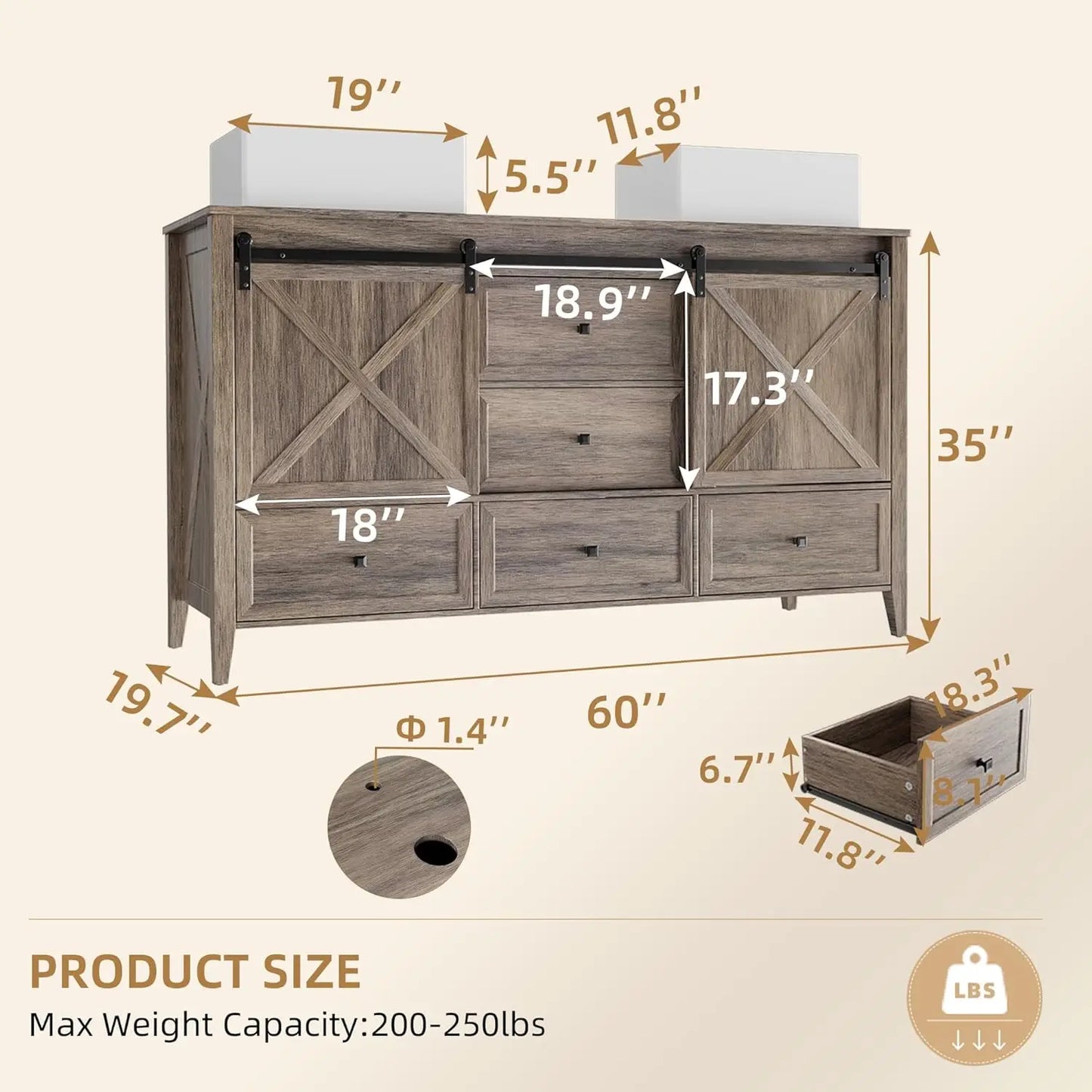 Bathroom Vanity with Sink - 60 Inch Bathroom Vanity Double Sink Ceramic, Freestanding Cabinet , Grey Wood Grain