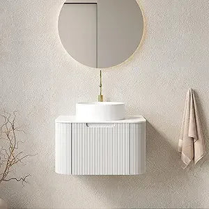 24 Inch Solid Wood Texture Floating Bathroom Vanity with Sink, Modern Wall-Mounted Striped Bathroom Storage Cabinet with White C
