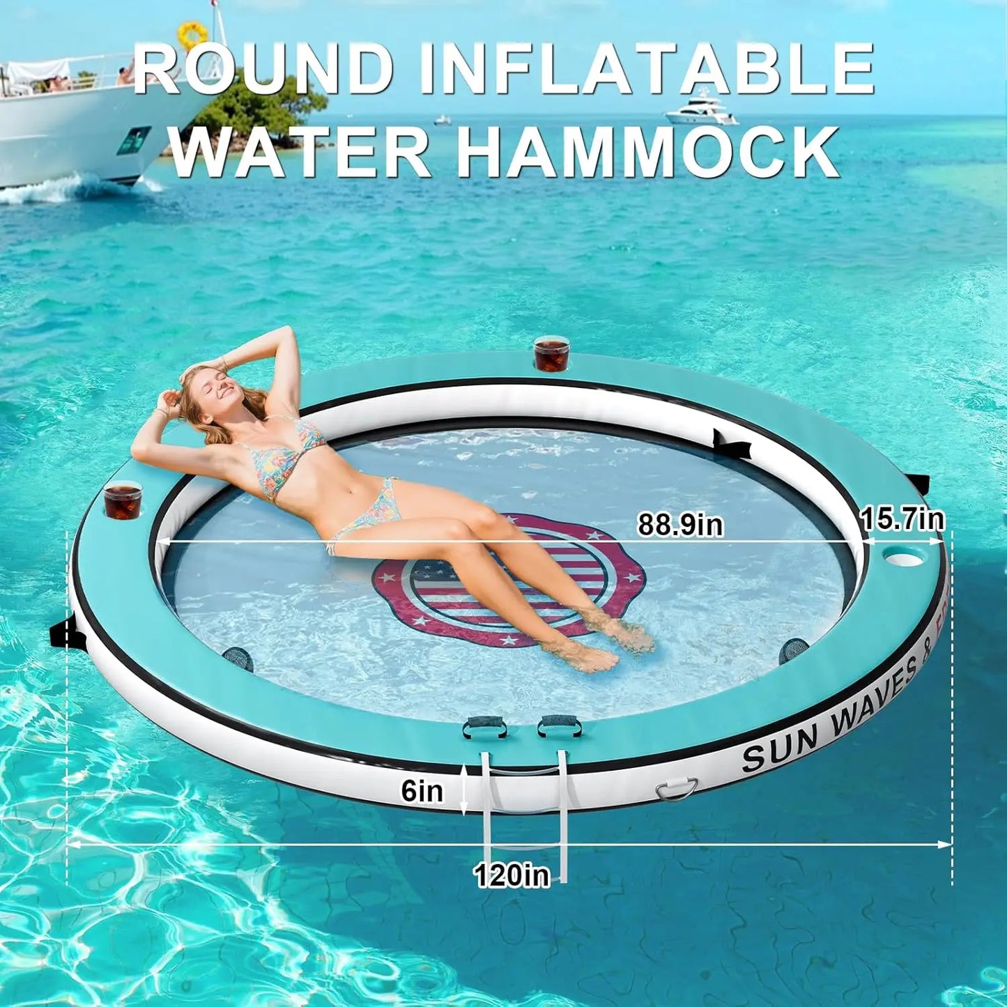 Sunchill Float Ring with 6 Cup Holders, Inflatable Water Hammock Heavy Duty Lake Floats for Adults Party, Round, Custom