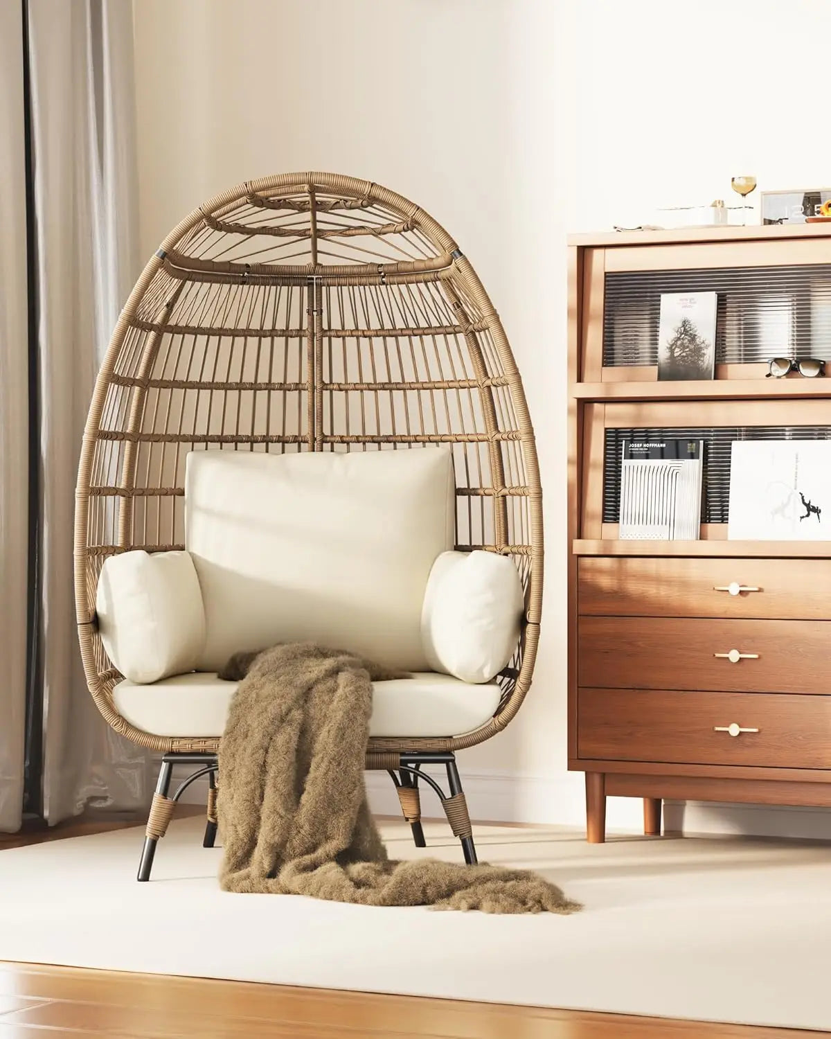 Outdoor Egg Chair, Oversized Patio Wicker Basket Chair for Balcony, Patio, Living Room, Lounge Chairs for Outside with Thick Cus