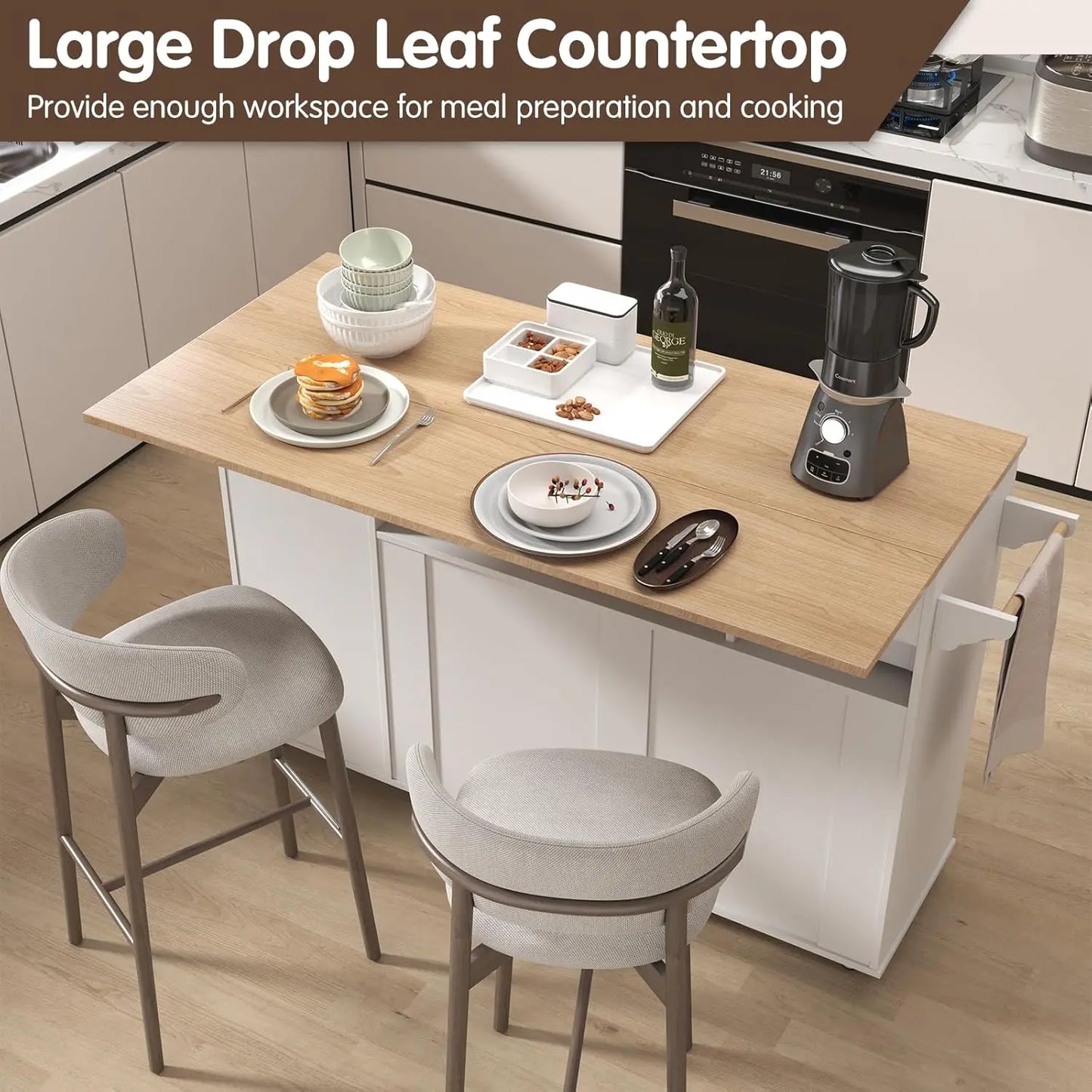 59inch Kitchen Storage Island with Drop Leaf,Rolling Mobile Island Cart on Wheels with Cabinets,Trash Bin Storage and Drawer,Ext