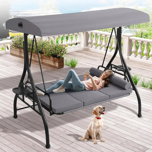 Outdoor Porch Swing with Canopy and Stand, 3 Person Patio Swing for Adults, Convertible 2 in 1 Porch Bed Swing , Customized