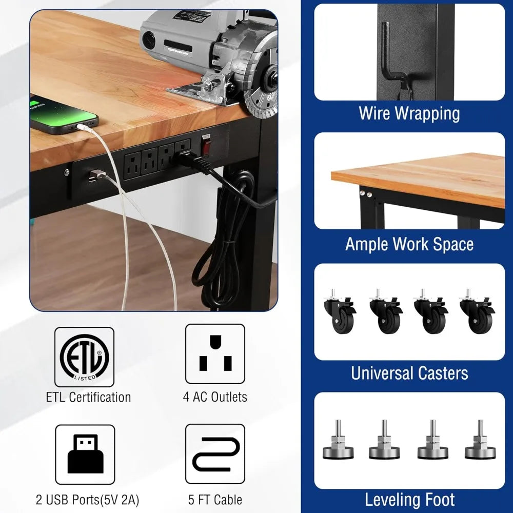 Garage Workbench, 48X22 Adjustable Workbench with Wheels and Leveling Foot, Rubber Wood Top Work Desk with Power Outlets