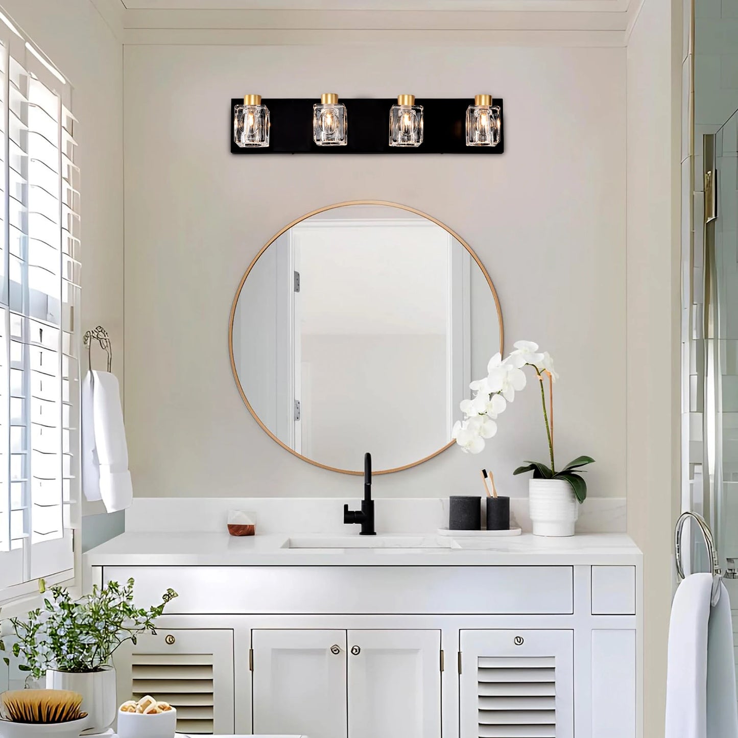 4-Light Matte Black + Gold Bathroom Light Fixtures, Modern Vanity Lights with Crystal Glass Shade, Vintage Light Fixture Bathroo
