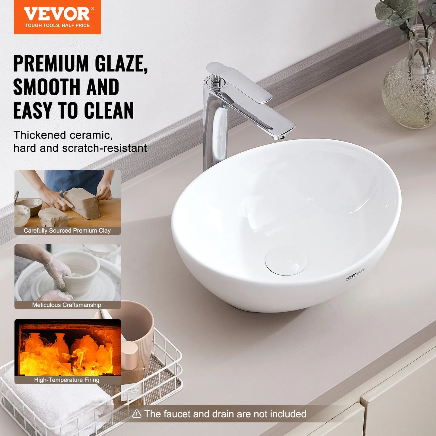 SucceBuy Oval Vessel Sink Vessel Sink Bowl Countertop White Ceramic Bathroom Sinks Above Counter for Bathroom Hotel and RV