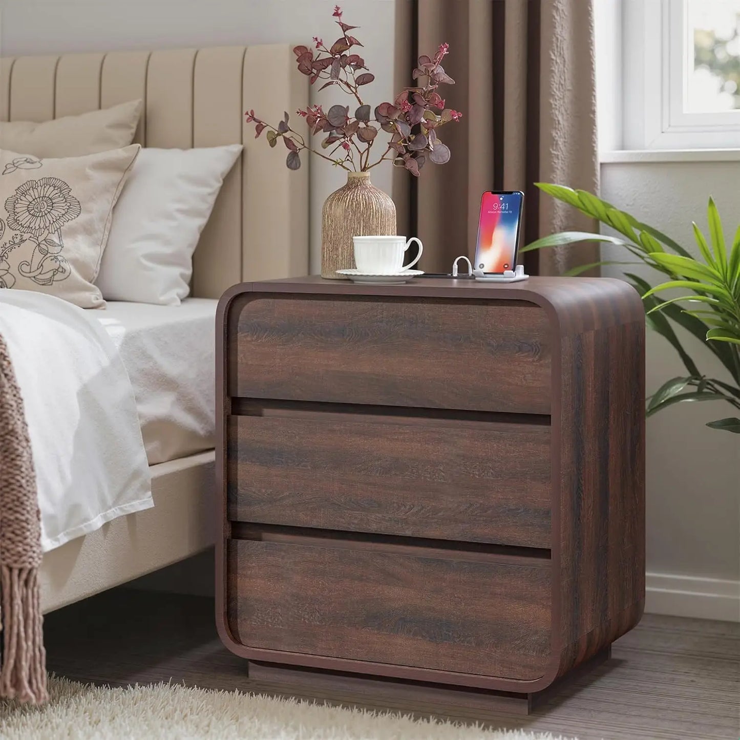 Walnut Curved Nightstand Set of 2, 23.2" Wide Wood Bedside Table with Charging Station, 3 Storage Drawers Night, Customized