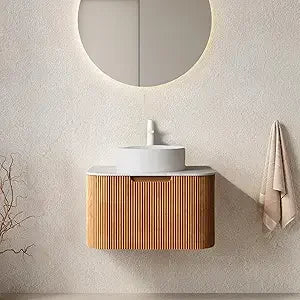 24 Inch Solid Wood Texture Floating Bathroom Vanity with Sink, Modern Wall-Mounted Striped Bathroom Storage Cabinet with White C