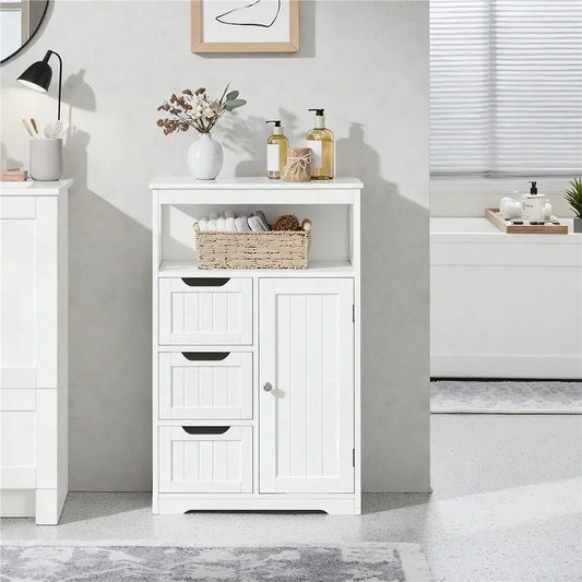 Modern Wooden Bathroom Floor Cabinet Wiht Adjustable Shelf, Multiple Tiers Storage Cabinet With Door 3 Drawers, For Kitchen, Li
