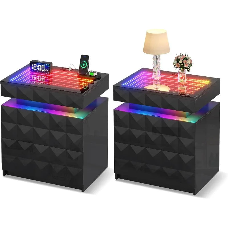 Dystler Night Stand with Charging Station and RGB Lights, LED Nightstand Tempered Glass and Sliding Top, 3 Drawers Bedside Table