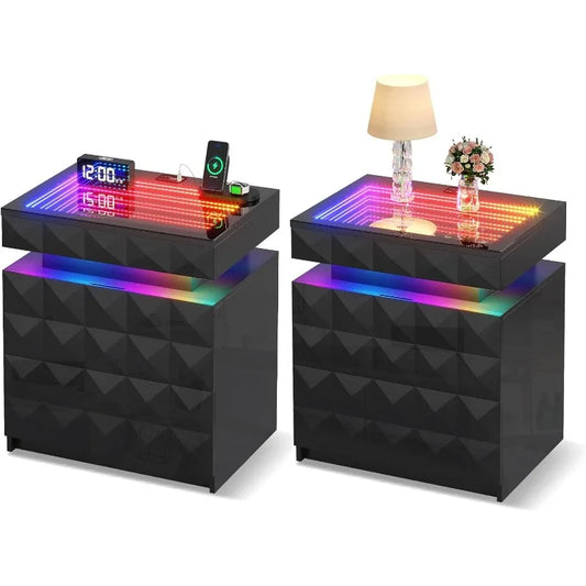 Dystler Night Stand with Charging Station and RGB Lights, LED Nightstand Tempered Glass and Sliding Top, 3 Drawers Bedside Table