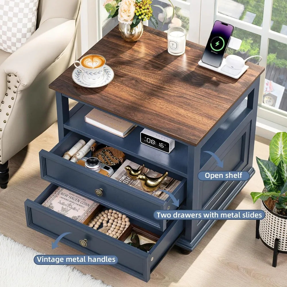 24" Wide Farmhouse Wood Nightstand Charging Station 2 Drawers Bedroom End Table, Custom