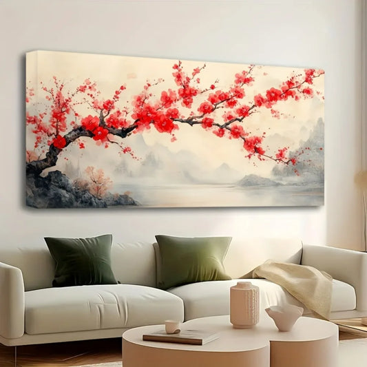 1.5 inch thick pine solid wood frame, Chinese "pink plum" mural, landscape decoration hanging picture