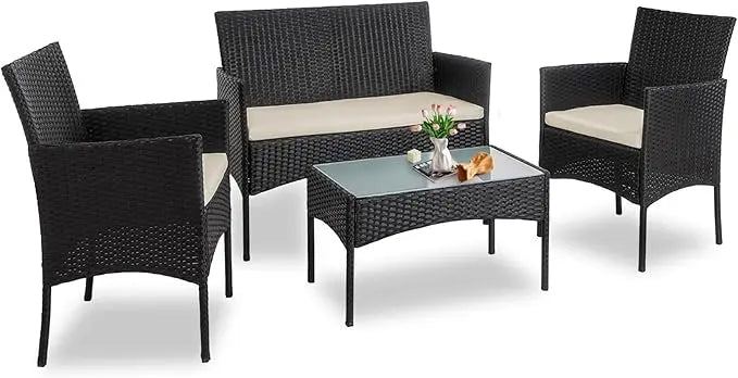 4 Piece Outdoor Wicker Patio Conversation Furniture Set, Rattan Chair Wicker Sofa Garden Conversation Sets with Cushion and Gla
