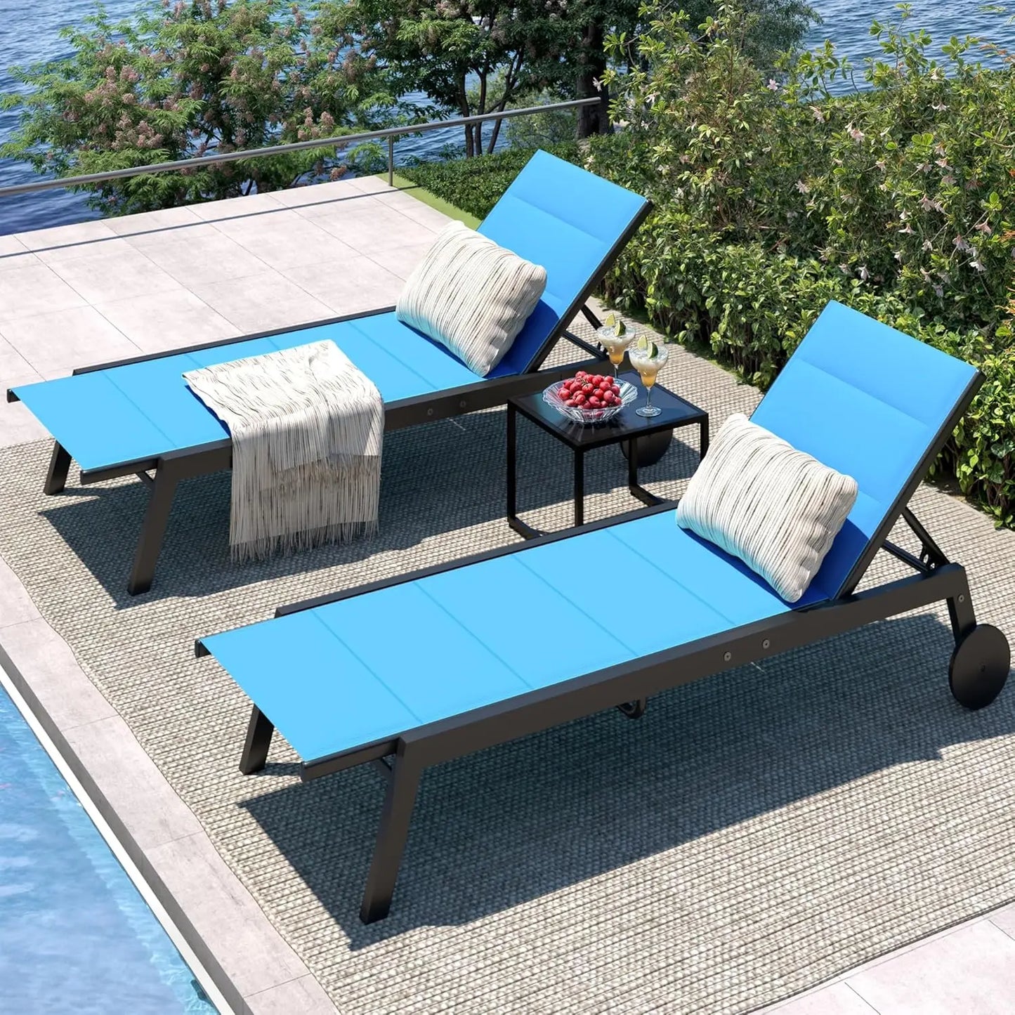 3 Pieces Patio Chaise Chairs Set, Pool Loungers with Side Table, outdoor Chaise Lounges Chair with Wheels, Adjustable Position