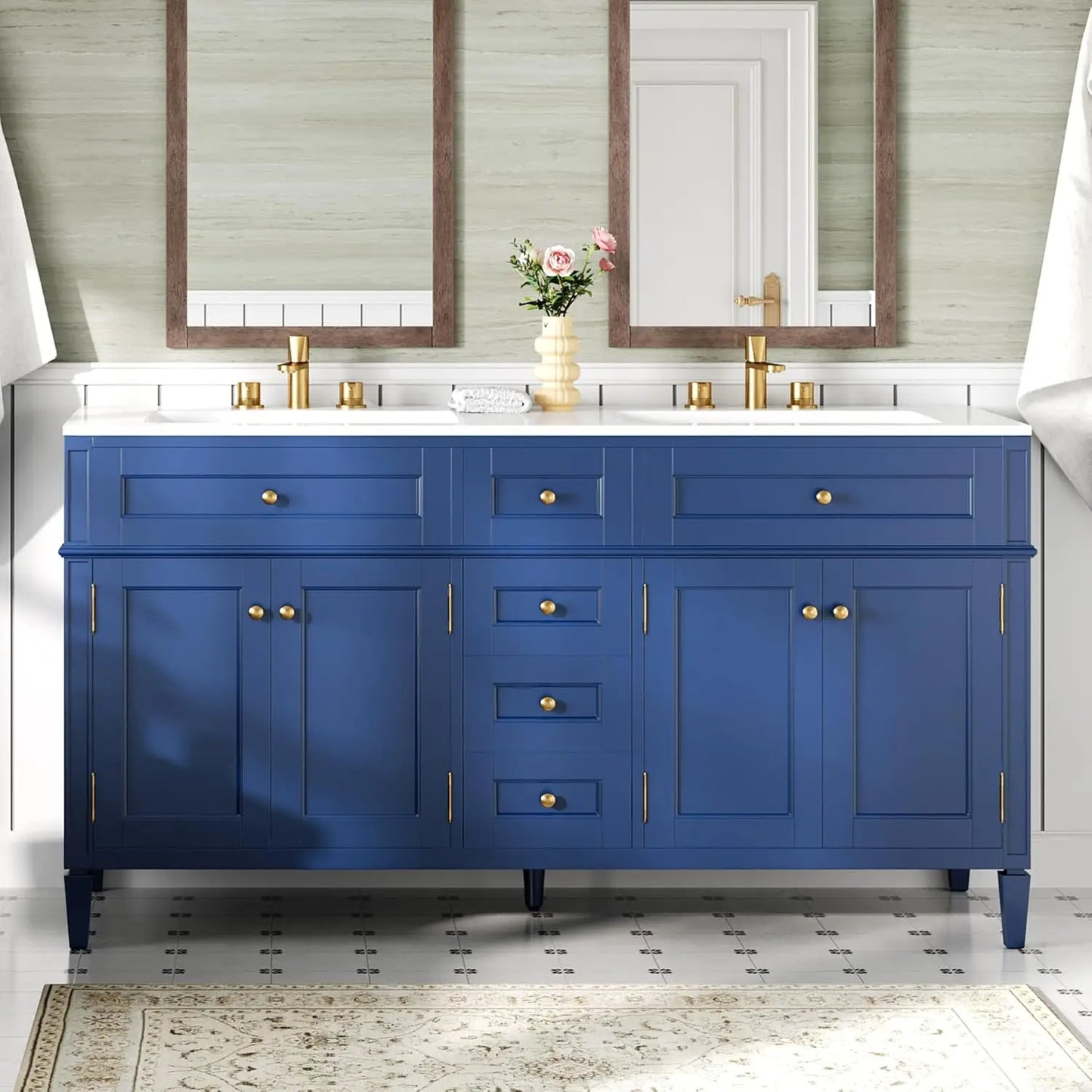 60″ Bathroom Vanity with Sink Combo, Solid Wood Vanity Cabinet with 3 Storage Drawers & Adjustable Shelves, White