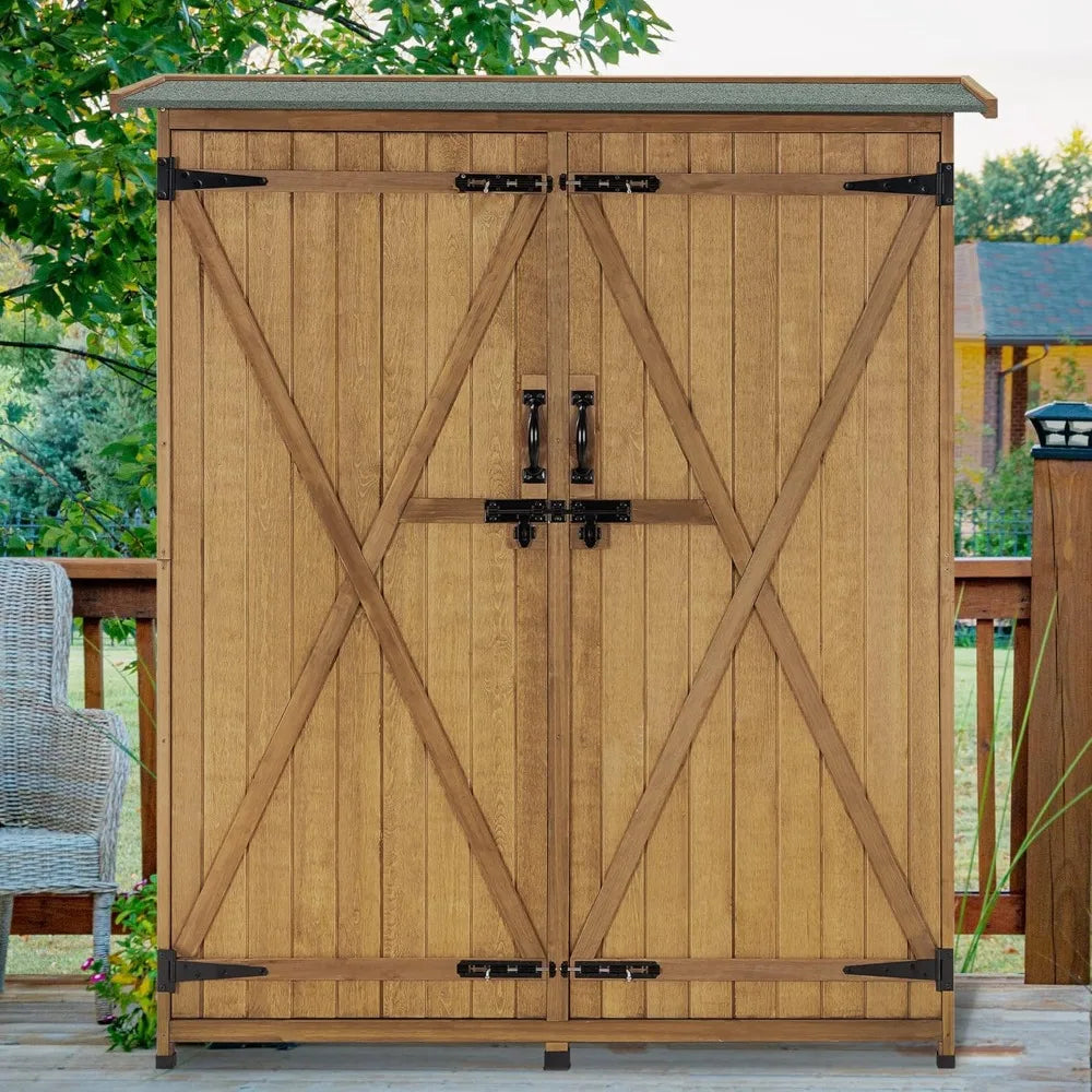 Outdoor Storage Cabinet with Shelves, Wood Garden Shed with Floor, Outside Tool Shed with 2 Lockable Doors for Yard, Custom