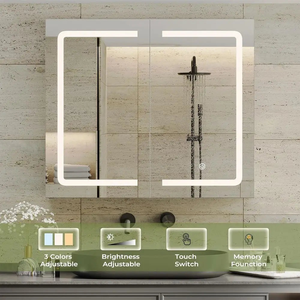 Illuminated Double Door Wall-Mounted Medicine Cabinet with Adjustable Shelves, 27.6x23.62 inches, White