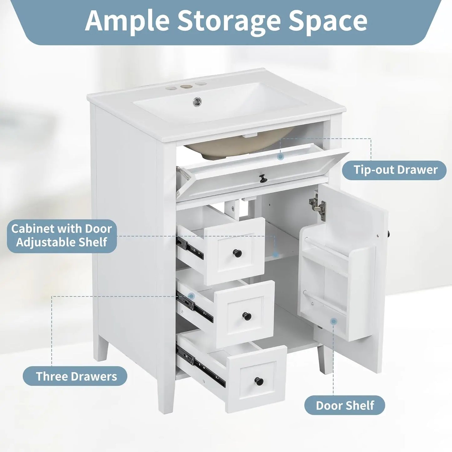 24 Inch White Bathroom Vanity Sink Combo Solid Wood Frame Storage Cabinet 3 Drawers Tip Out Drawer Adjustable Shelves Soft Closi