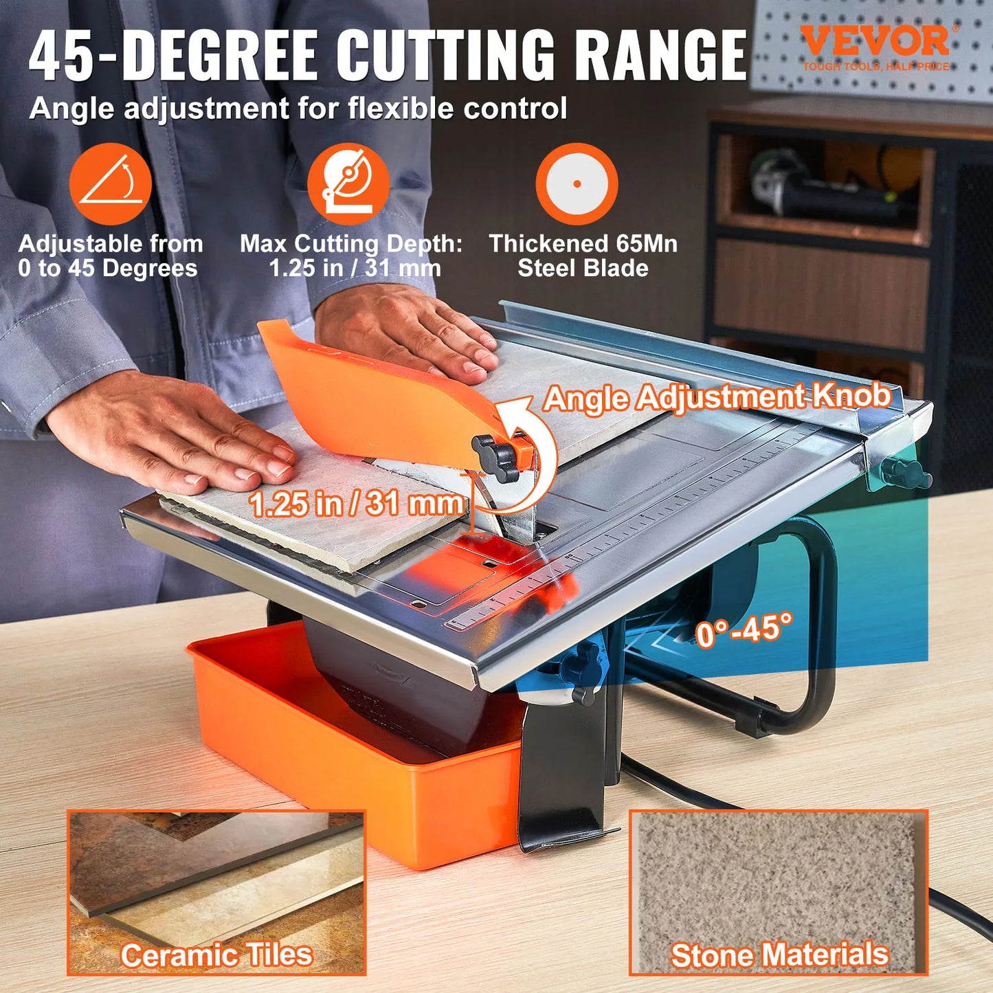 SucceBuy Wet Tile Saw 7-inch 65Mn Steel Blade 3500 RPM Induction Motor Tile Cutter Wet Saw Water Reservoir 0-45 Degrees Angle