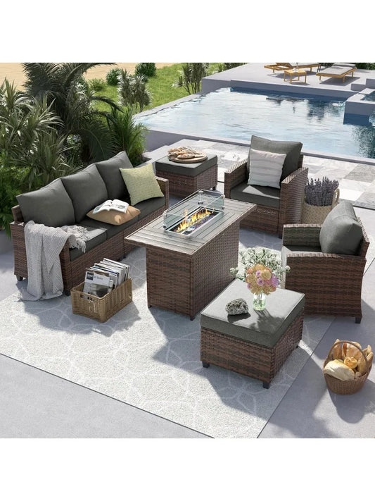 Outdoor Patio Furniture Set with 44" Fire Pit Table, 6 Pieces Sectional Conversation Sets, All-Weather Wicker Rattan Sof