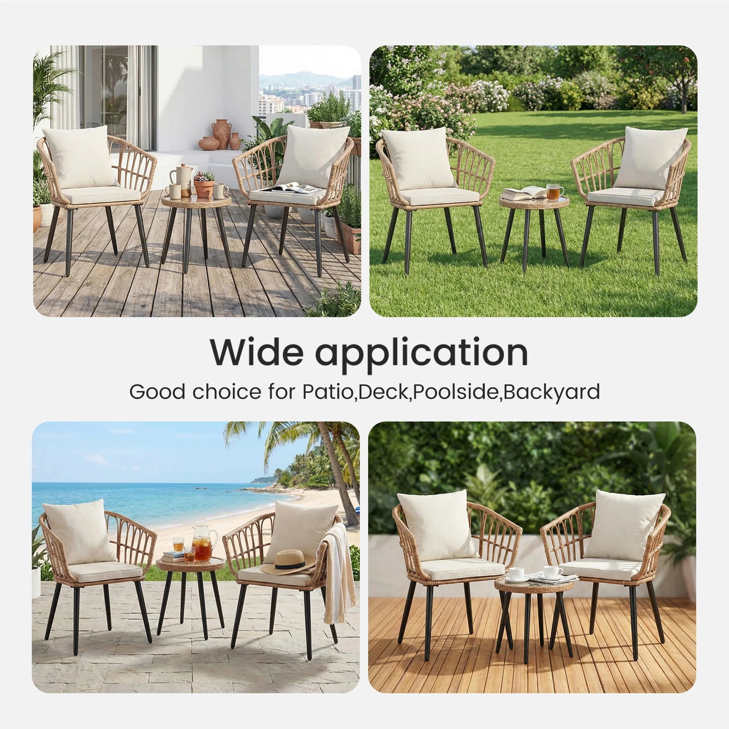 JHK 3 Pieces Wicker Patio Outdoor Set with Soft Cushion and Glass Steel Frame Table Manual Weaving Patio Chairs For Garden Lawn