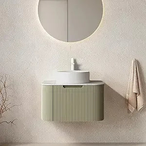 24 Inch Solid Wood Texture Floating Bathroom Vanity with Sink, Modern Wall-Mounted Striped Bathroom Storage Cabinet with White C