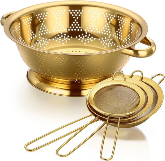 4 Pcs Gold Kitchen Accessories Includes Stainless Steel Colander and 3 Pcs Gold Fine Mesh Strainer Essential Kitchen Col