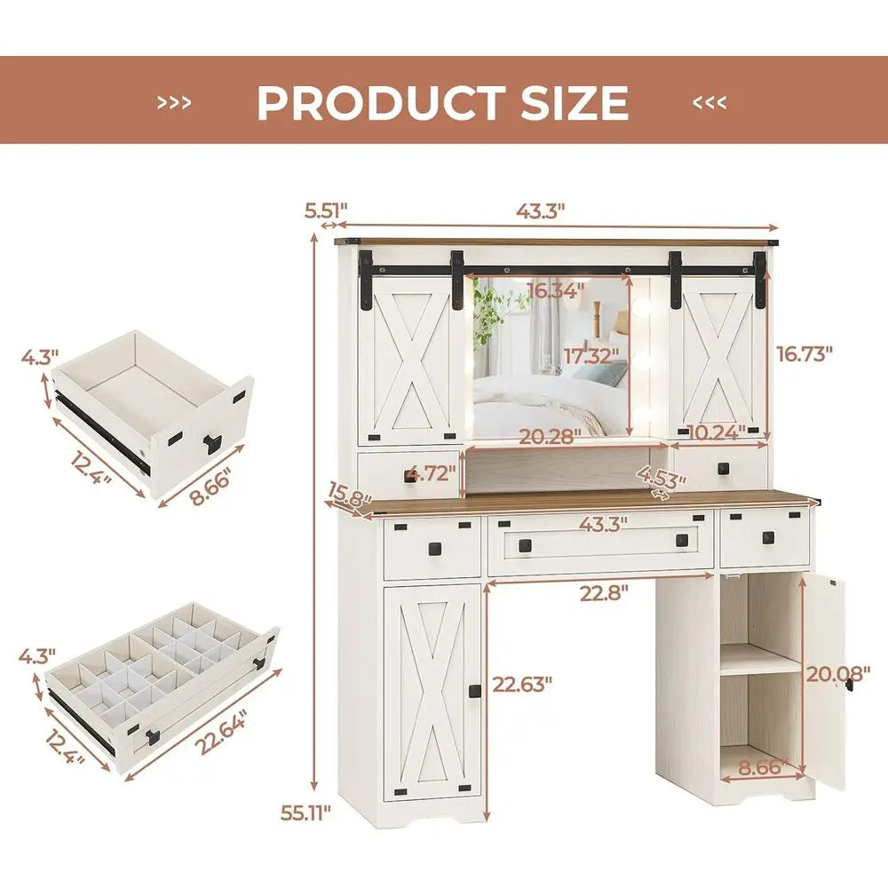 Lighted Mirror Vanity Desk with Sliding Barn Door & Hidden Storage, Adjustable Lighting Makeup Table