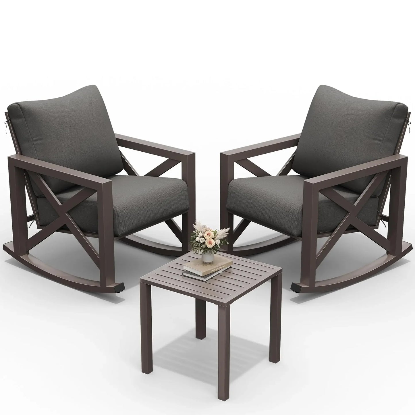 UDPATIO Rocking Chair Outdoor Set 2 with Coffee Table, 3 Piece Metal Rocking Bistro Set with 6.5" Water-Resistant Cushions