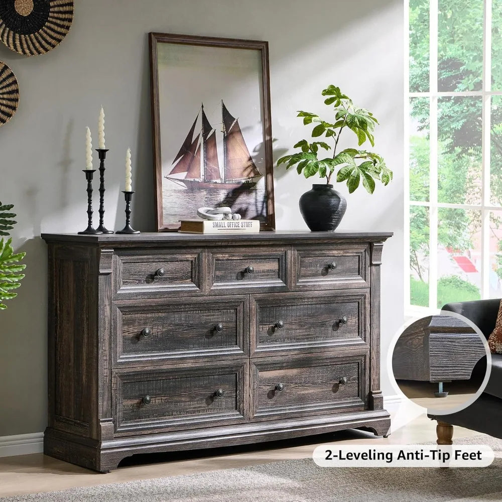 7 Drawer Rustic Wood Dresser 54" Wide Roman Column Storage Bedroom Living Room Closet Custom