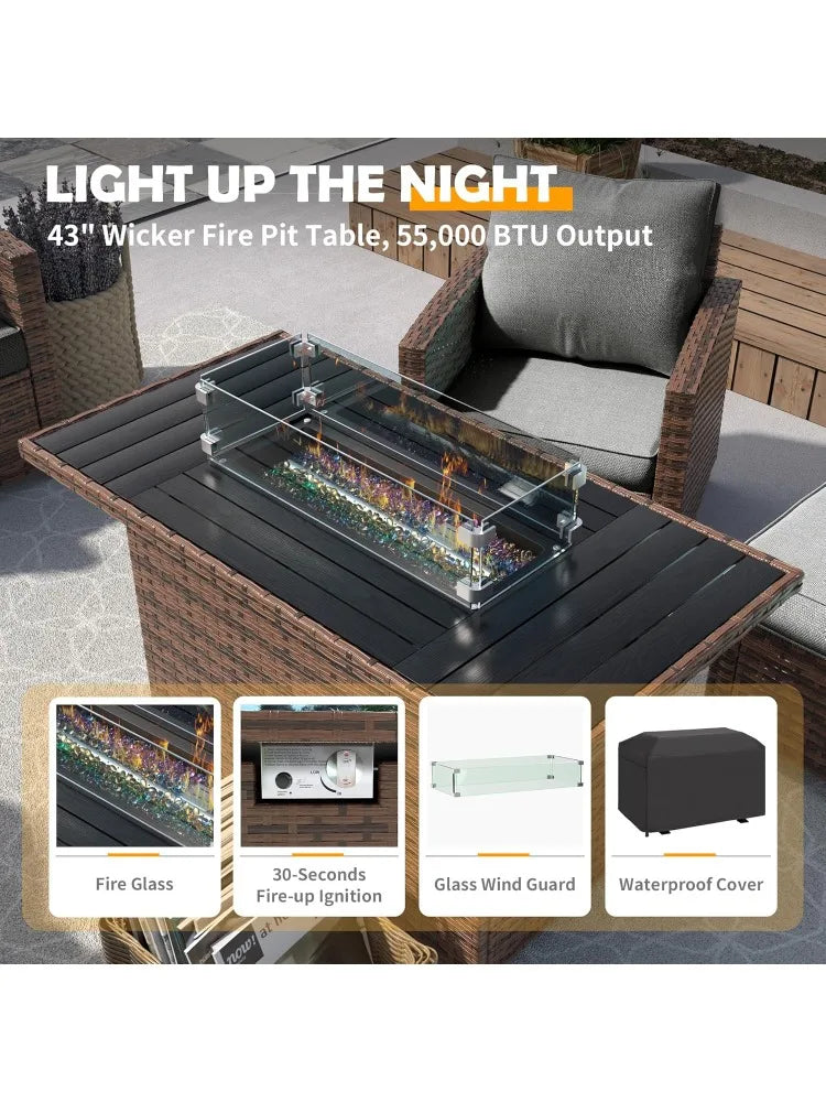 Outdoor Patio Furniture Set with 44" Fire Pit Table, 6 Pieces Sectional Conversation Sets, All-Weather Wicker Rattan Sof
